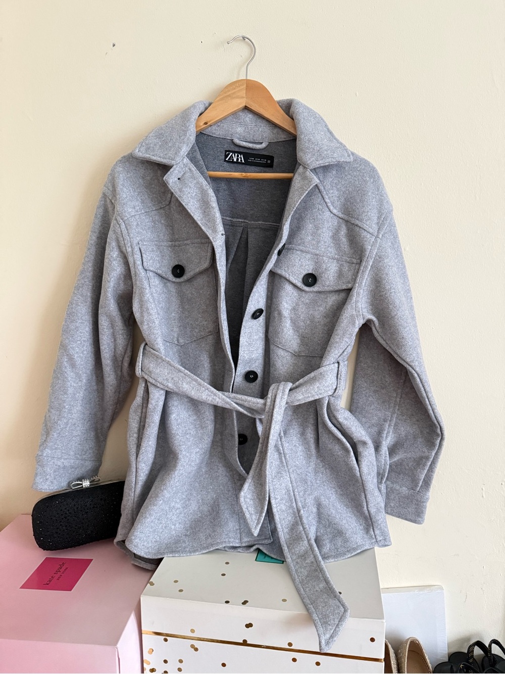 Zara Light Gray Belted Trench Coat Jacket